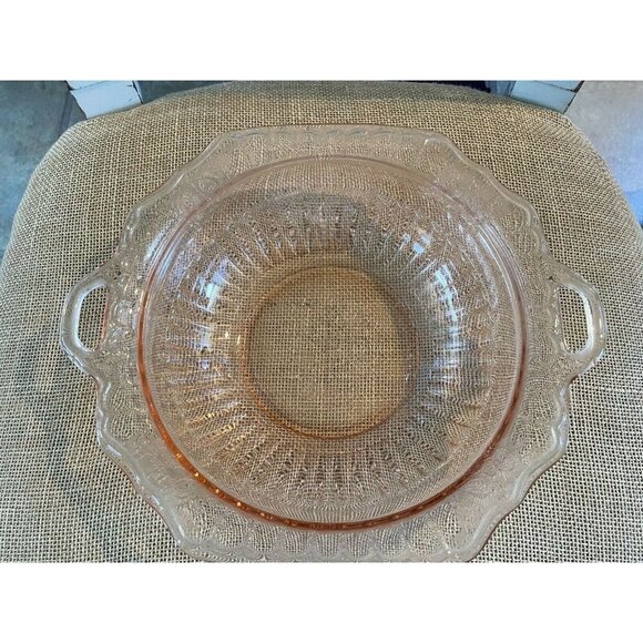 Hocking Glass Co Mayfair Pink Depression Glass Serving Bowl w/ handles, 11" - Picture 2 of 6